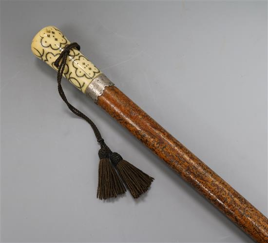 An ivory pique work walking cane, with silver mounted dated 1697 length 85.5cm
